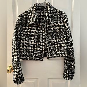 Tweed Pattern Black and White Cropped Collared Coat | Size S | Forever 21